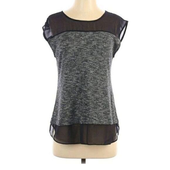 Ann Taylor Top Crewneck Knit Sheer Layered Space Dyed Color Blocked Black Sz S - Picture 1 of 8